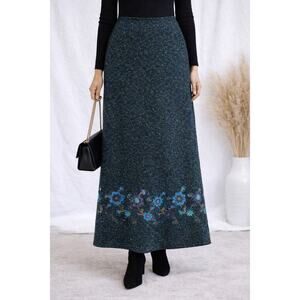 FINITY NATURALS Vintage Blue Wool Blend Tweed Maxi Skirt Embroidered Floral | 10